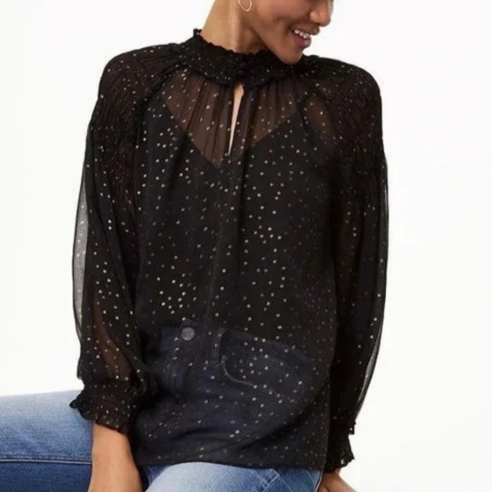 Loft Black Sheer With Gold Dots, Petite XS, New Without Tags